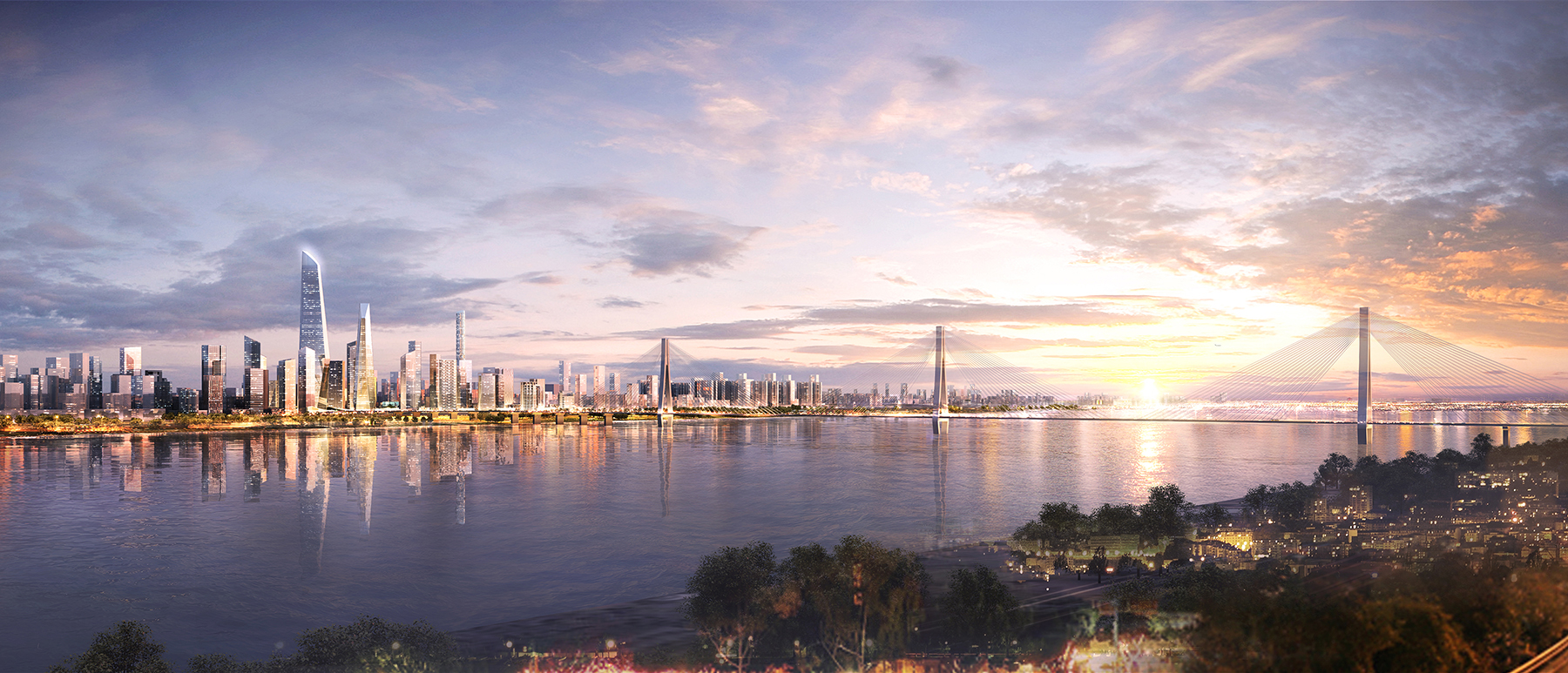 Wuhan bridgehead cbd overall with bridge